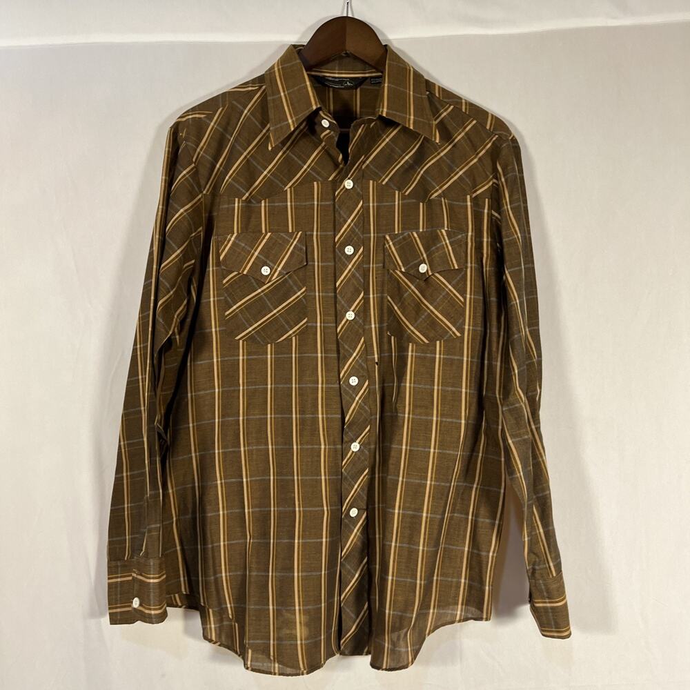 JCPenney Men’s Large Brown Plaid Pearl Snap Western Shirt Long Sleeve Pockets